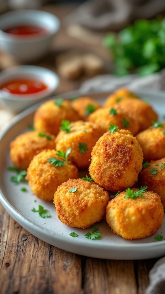 Crispy chicken croquettes on a plate with parsley and a dipping sauce.